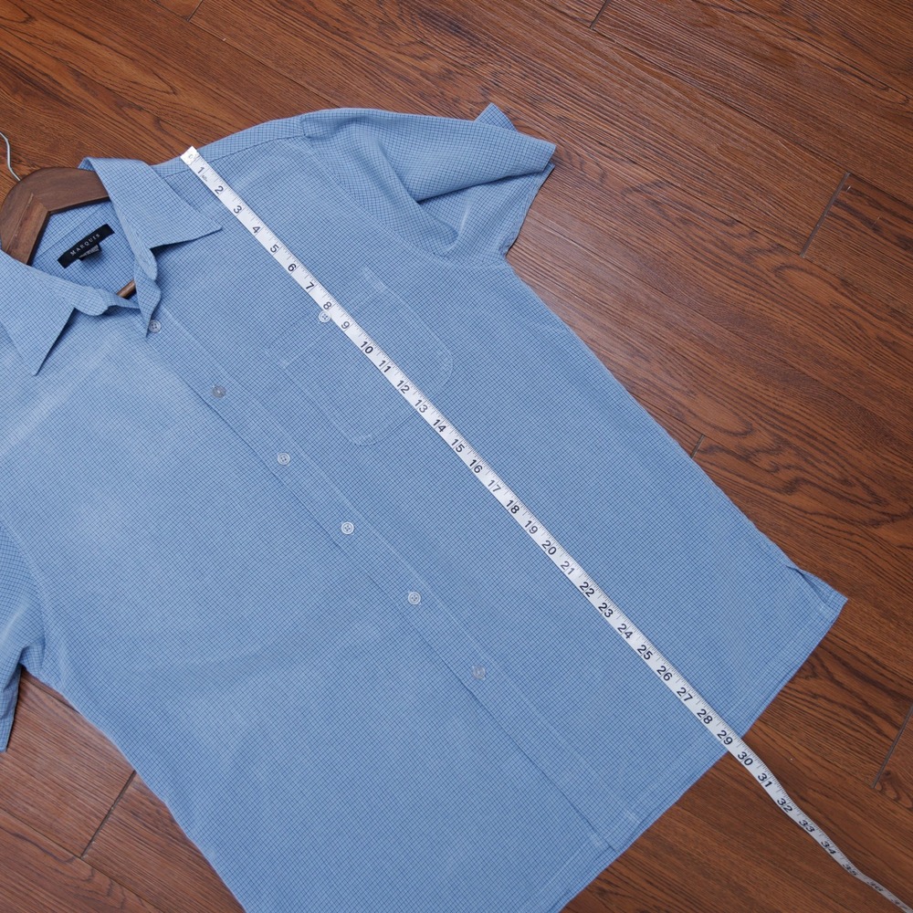 Marquis Mens Blue Micro Check Short Sleeve Button Down Shirt Medium Microfiber - Picture 5 of 6